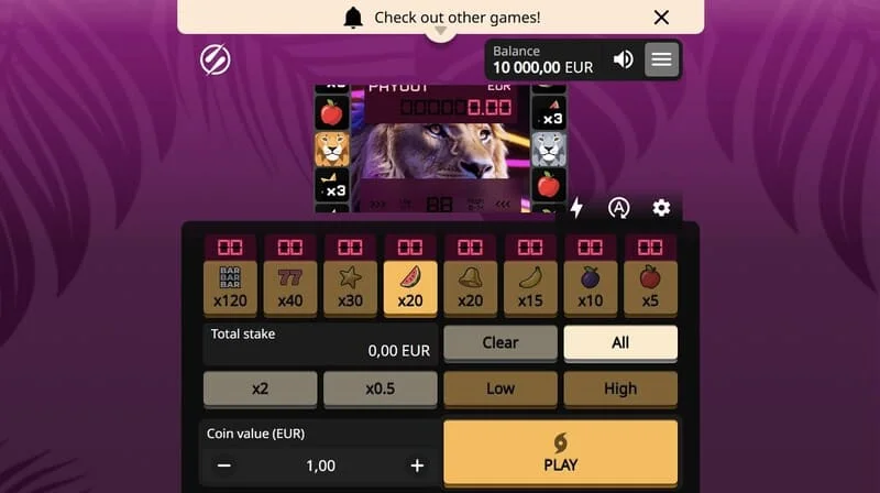 Lion Zama Fruits Bonus Spins – puuviljamänguautomaadi põhiekraan Aafrika Big 5 seeria lõviga